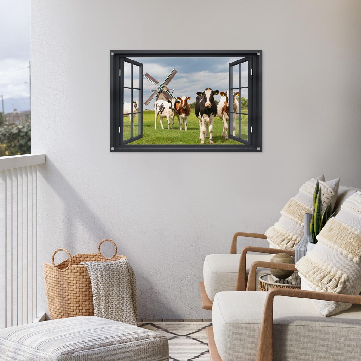 GARTENPOSTER Aussicht - Kuh - Mühle - Kühe - Wiese - Gras - Grün Gartendeko 90x60 cm - Anthrazit, Kunststoff (90/60/0.2cm) - OnlyWow