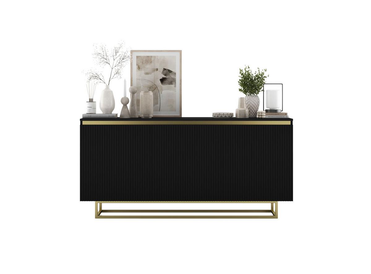 SIDEBOARD Selene 3D Schwarz Matt mit geriffelten Fronten Glamour 167 cm - Goldfarben/Schwarz, Holzwerkstoff/Metall (167/79/35cm) - Meble Lindner