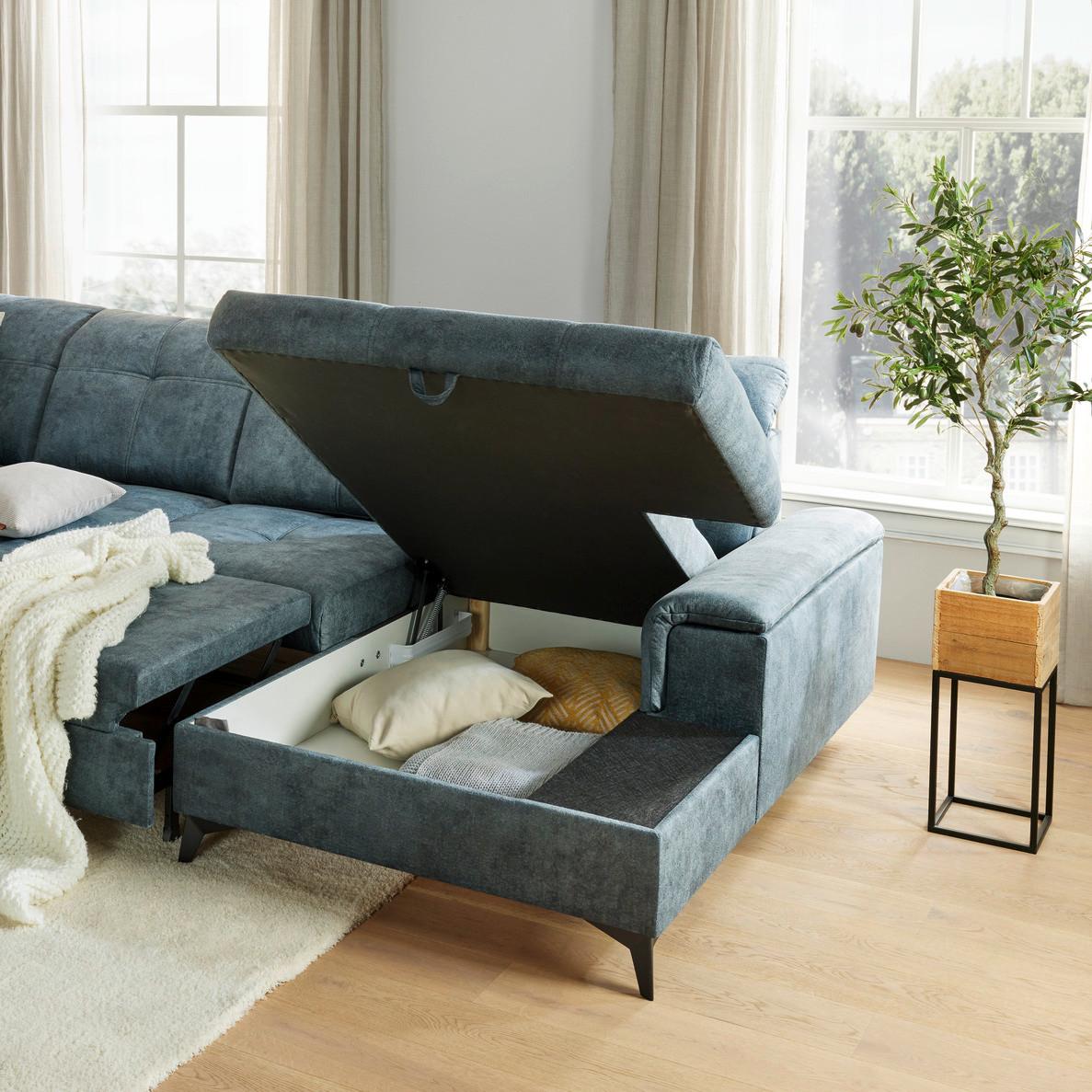 Wohnlandschaft blaugrau Bettkasten aufklappbar