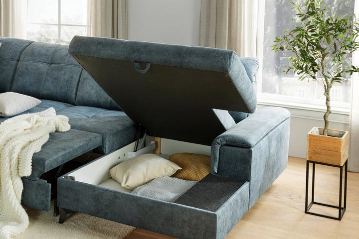 Wohnlandschaft blaugrau Bettkasten aufklappbar