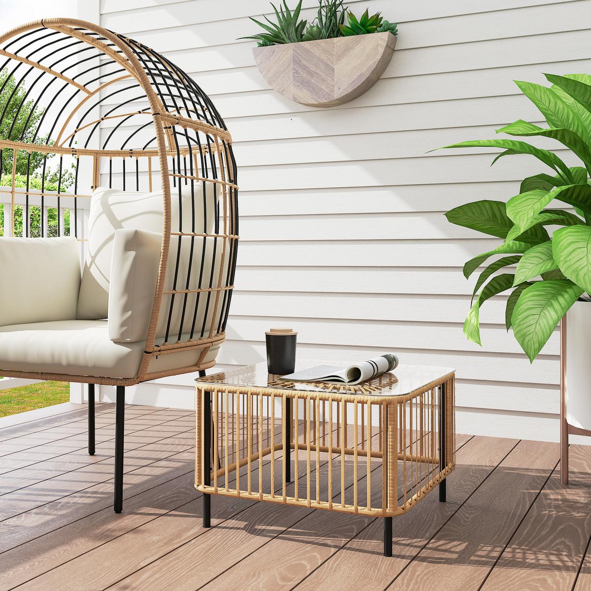 POLYRATTAN Gartentisch, 65 x 65 x 43 cm, wetterfest Beistelltisch quadrarisch - Naturfarben, Metall (65/65/43cm) - Outsunny