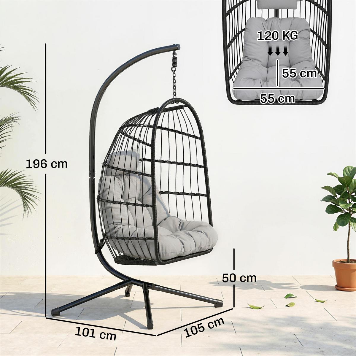 HÄNGESESSEL Metall PE-Rattan Hellgrau - Hellgrau/Schwarz, Textil/Metall (101/196/105cm) - Outsunny