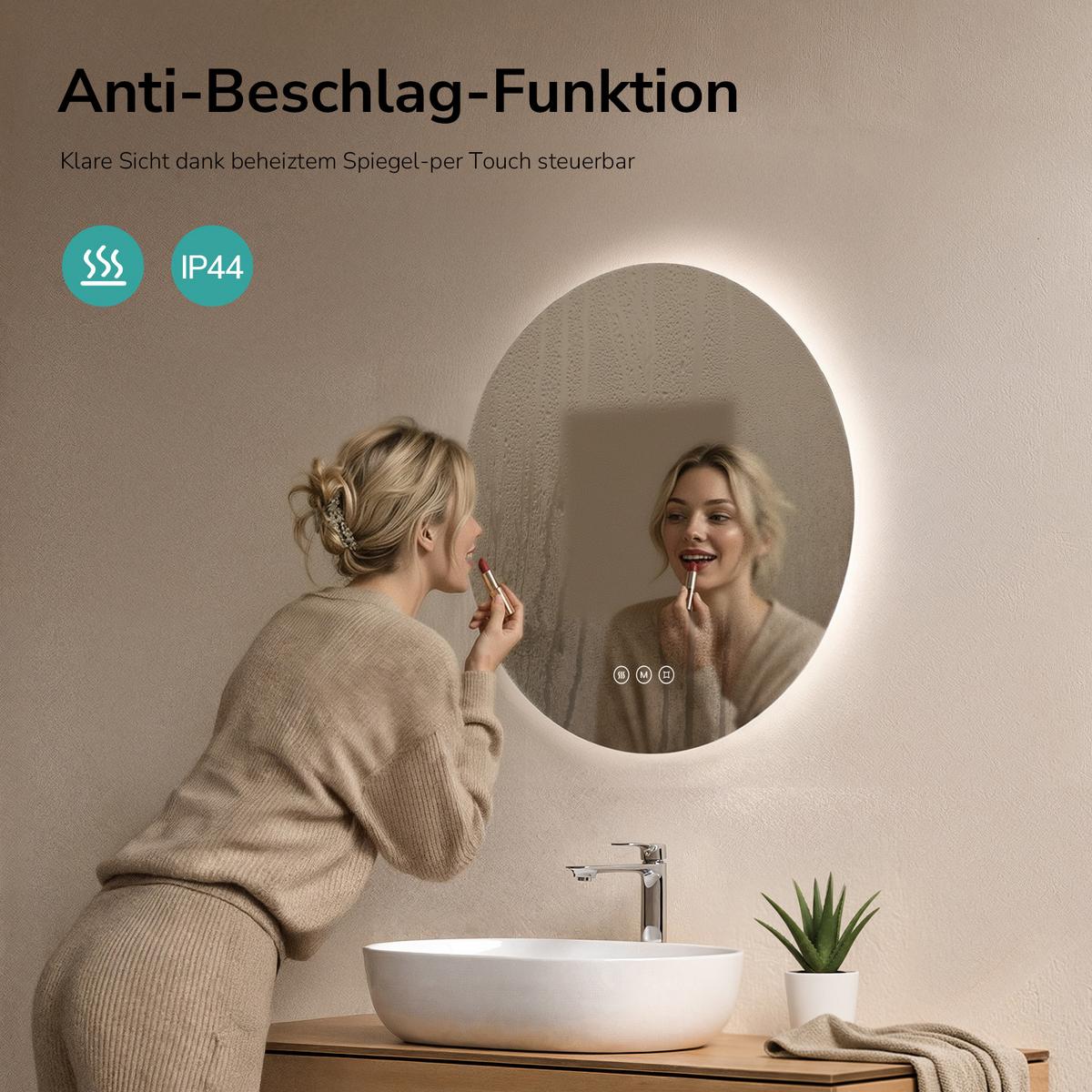 BADSPIEGEL Rund mit Beleuchtung Rahmenlos, 3 Lichtfarben, beschlagfrei, Ø 50 cm - Transparent, Glas (50/50/3cm) - EMKE