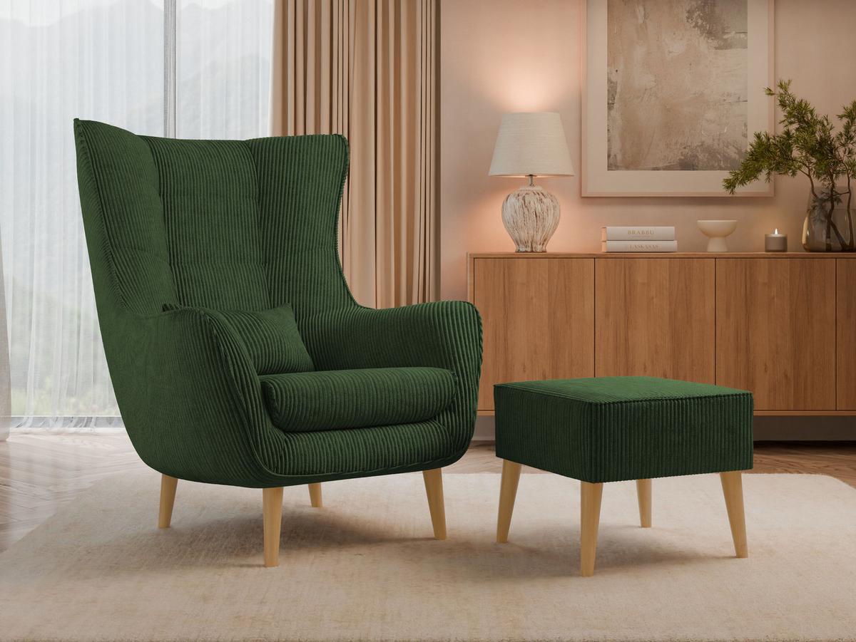 SESSEL Estjano Cord mit Fußbank - Dunkelgrün/Beige, Holz/Textil (80/106/95cm) - MIRJAN24
