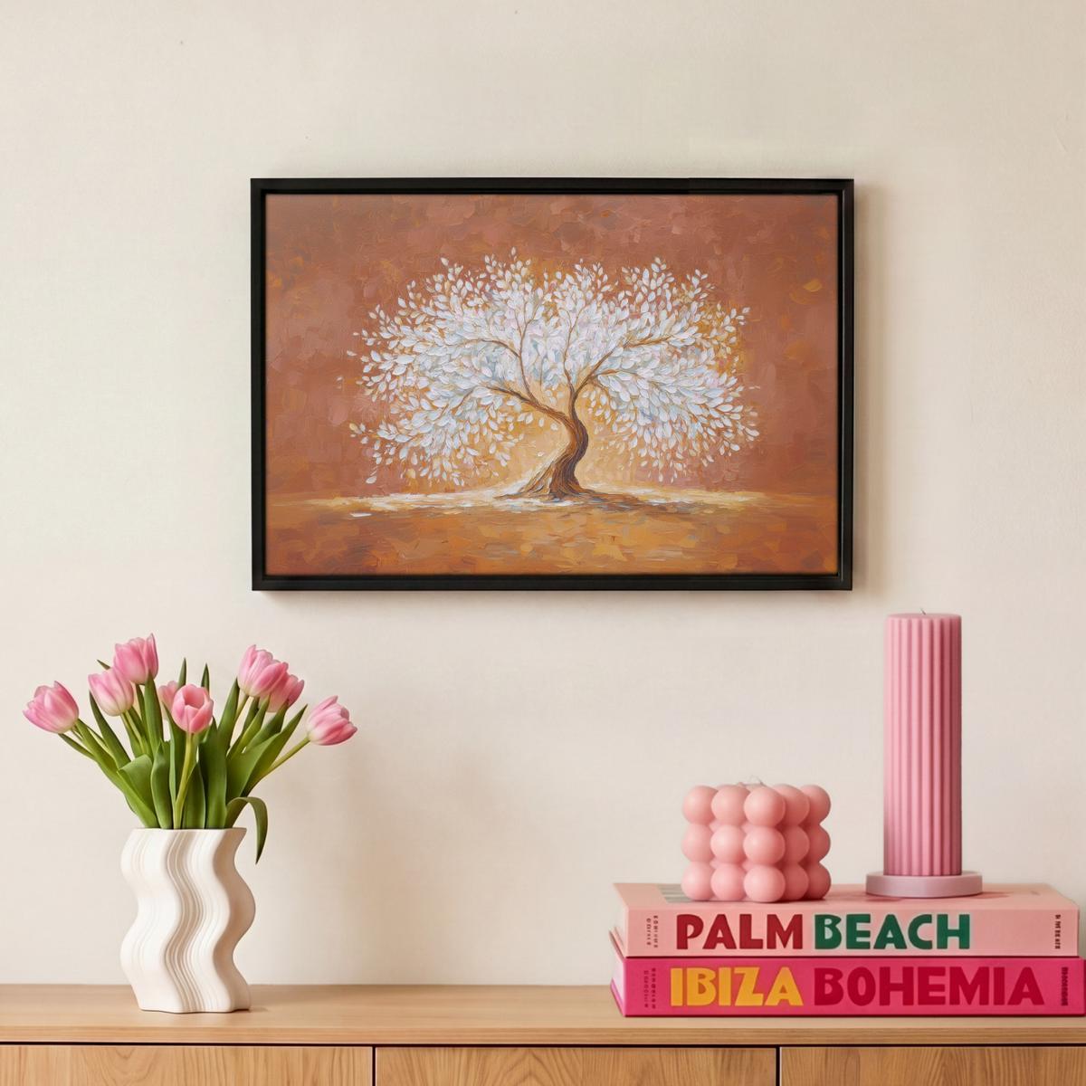 LEINWAND Bilder mit Rahmen - Abstrakt - Baum - Weiß - Blätter - 30x20 - Braun, Textil (30/20cm) - MuchoWow