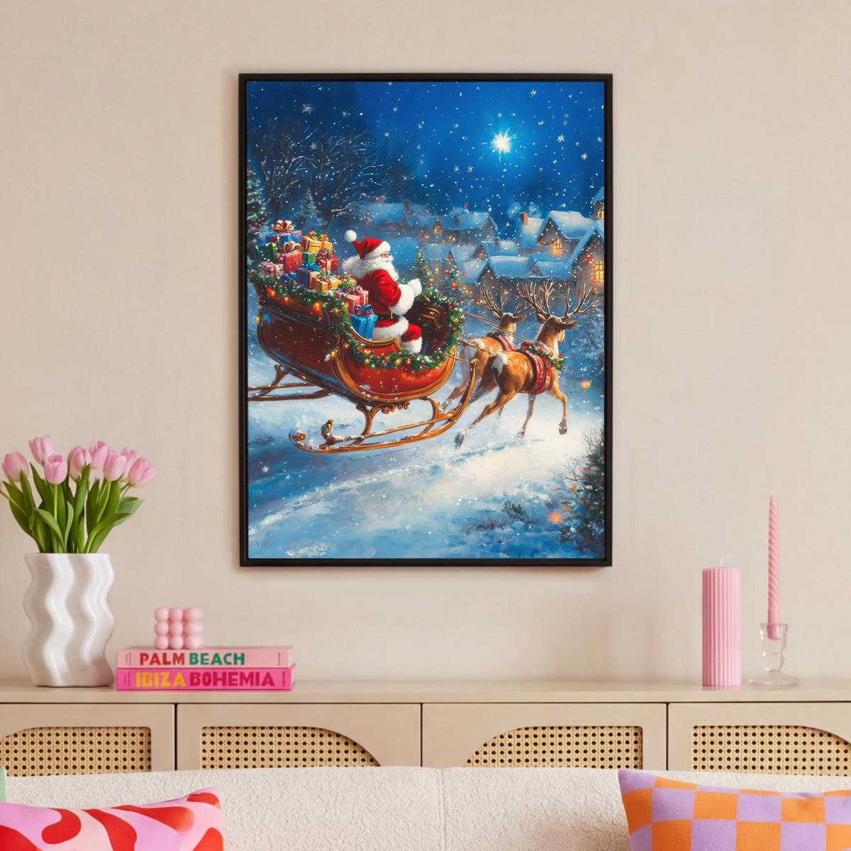 LEINWAND Bilder mit Rahmen - Weihnachtsmann - Rentier - Weihnachten - Schnee - 70x100 - Cognac, Textil (70/100cm) - MuchoWow