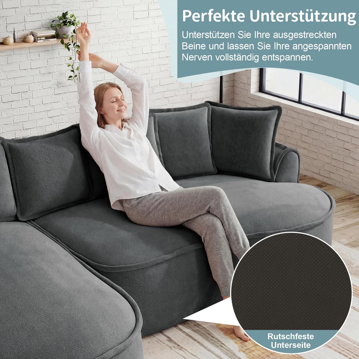ECKSOFA chenille mit extra tiefer chaiselongue & rahmenlosem design - Grau, Textil (252/164cm) - Urban Meuble