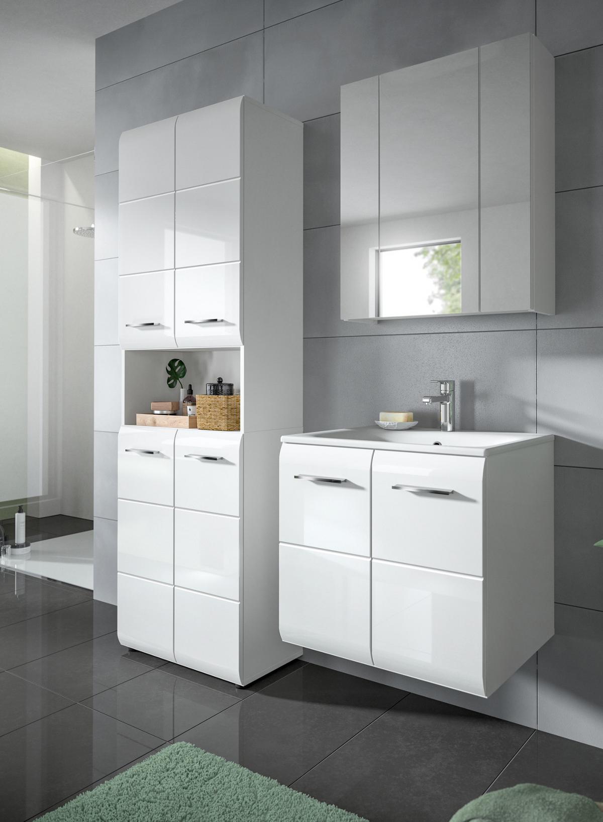 WASCHBECKENUNTERSCHRANK inklusive Waschbecken weiß Hochglanz, Waschtisch hängend 60 cm - Weiß Hochglanz/Silberfarben, Keramik/Holzwerkstoff (60/55/46cm) - Inn.Furn