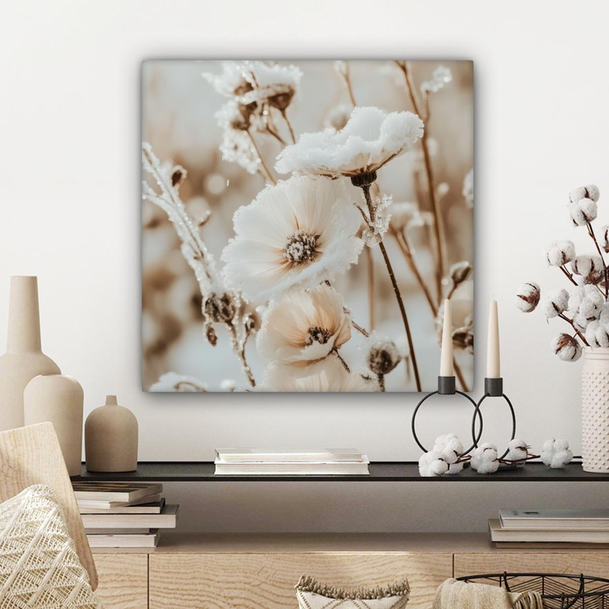 LEINWANDBILD Blumen - Winter - Weiß - Schnee - Beige Wandbild Wohnzimmer 50x50 cm - Creme, Textil (50/50cm) - MuchoWow