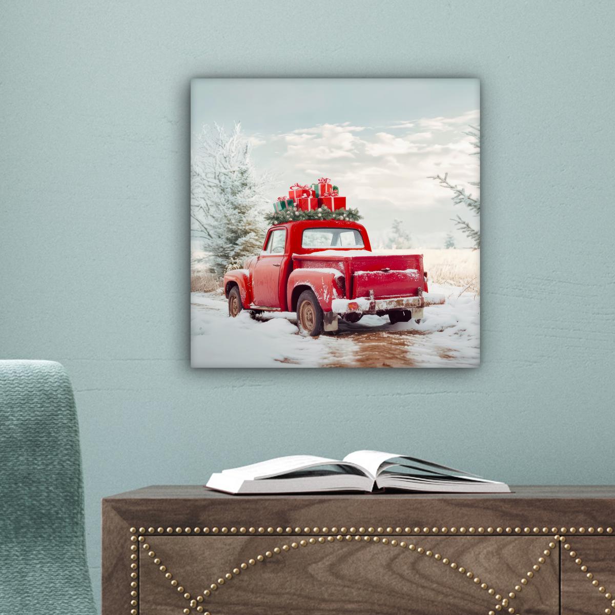 LEINWANDBILD Auto - Rot - Geschenke - Winter - Schnee - Weihnachten Deko Wohnzimmer 20x20 cm - Rot, Textil (20/20cm) - MuchoWow