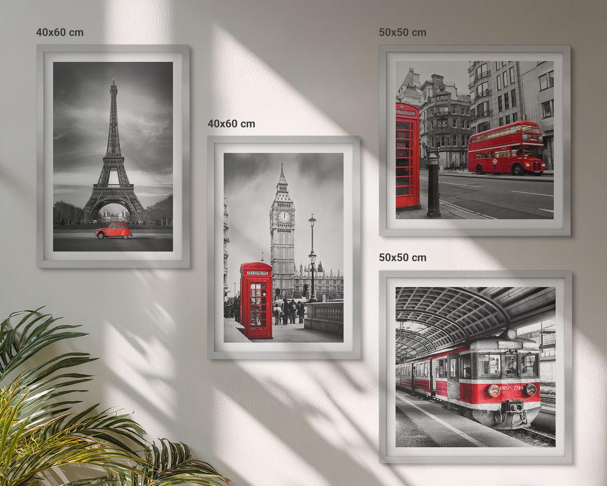BILDER SET 4er Set - 50x50 cm & 40x60 cm Silberner Rahmen - Rote Busse in der Stadt - Silberfarben, Kunststoff (50/50cm) - TULUP