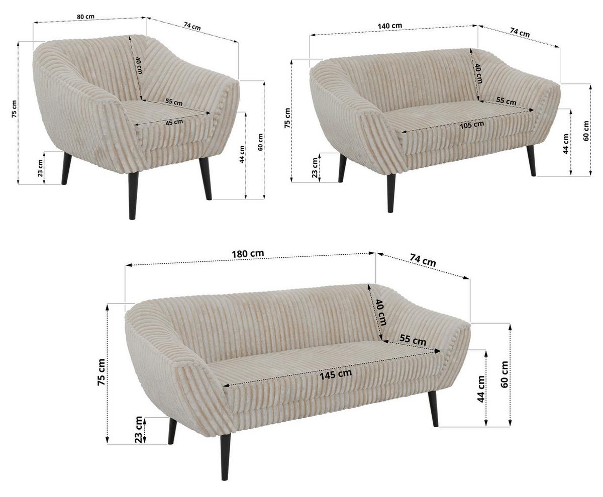 SITZGARNITUR PIRS 3+2+1 - Beige Cord - Schwarze Beine - Beige/Creme, Holzwerkstoff/Textil (180/75/74cm) - MKS