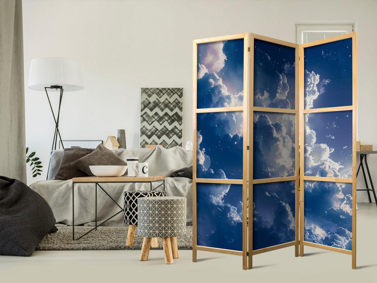 PARAVENT Japanischer 3-tlg 135x172 cm Abendhimmel - Blau, Holz/Textil (135/172/3cm) - Muralo