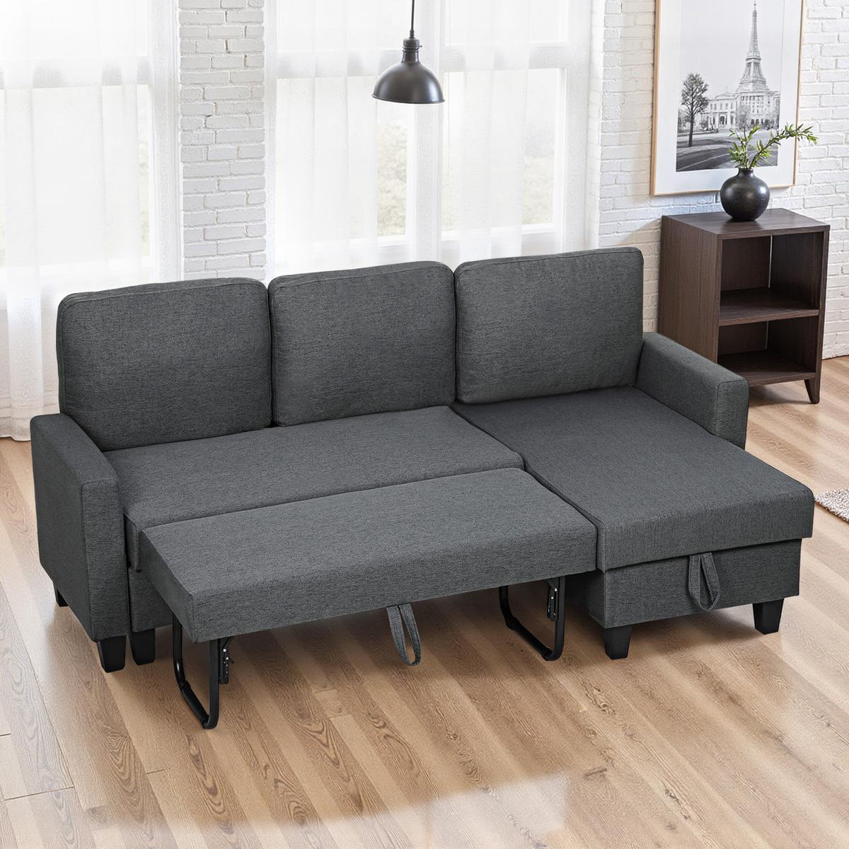 ECKSOFA-MIT-SCHLAFFUNKTION Polyetser Dunkelgrau - Dunkelgrau/Schwarz, Kunststoff/Textil (129/197cm) - HOMCOM