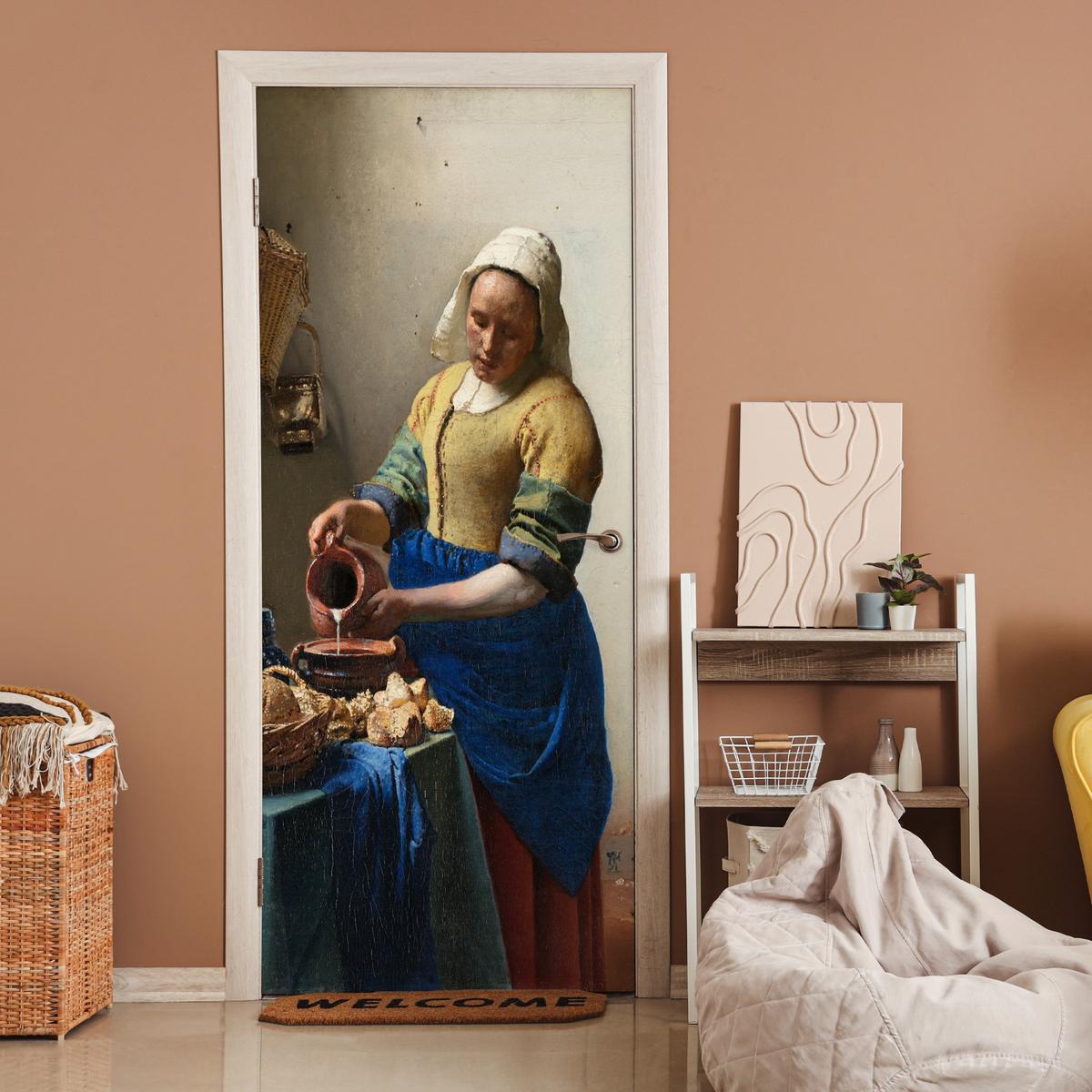 TÜRAUFKLEBER Das Milchmädchen - Johannes Vermeer 90x215 cm - Türtapete - Dunkelblau, Kunststoff (90/0.1cm) - MuchoWow