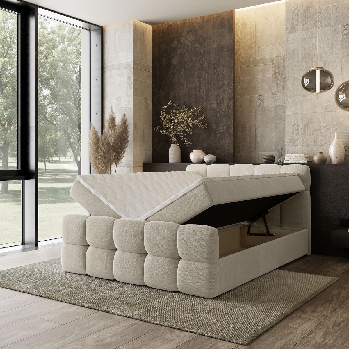 BOXBETT BRUME 200x200 cm mit Matratze und Topper, H2+H3 - Creme - Creme, Holz (200/200cm) - MASSENO