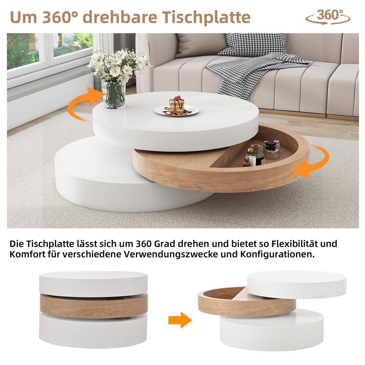 COUCHTISCH Zylindrisch Weiß & Natur 360° Drehbar mit Stauraum - Naturfarben, Holzwerkstoff (60/60/35.1cm) - Urban Meuble