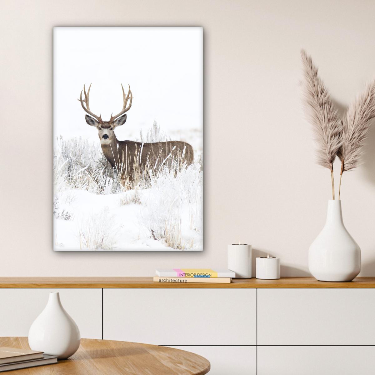 LEINWANDBILD Hirsche - Winter - Schnee - Tiere - Jahreszeiten - Weiß Wanddeko 40x60 cm - Hellbraun, Textil (40/60cm) - MuchoWow