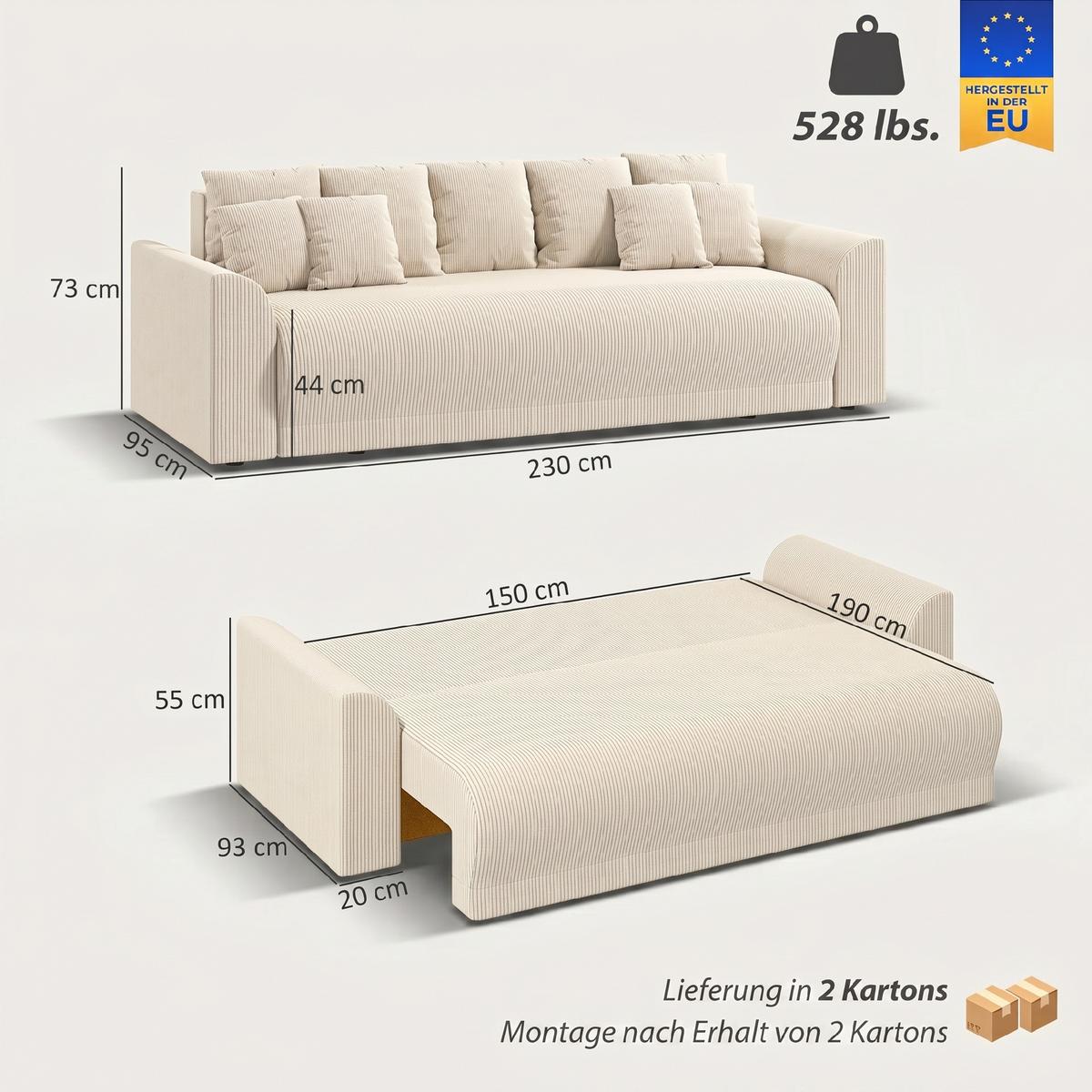 SCHLAFSOFA Cord Beige - Beige, Kunststoff/Textil (95/73/230cm) - HOMCOM