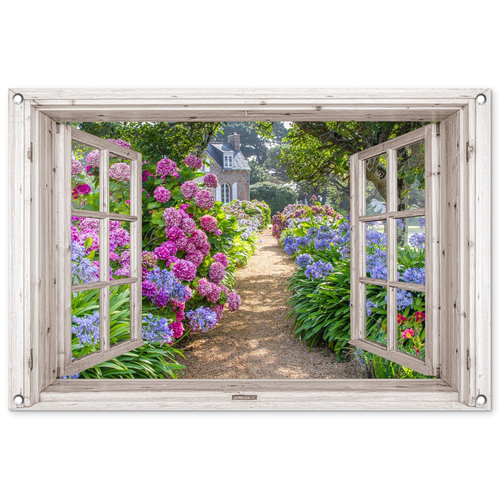 GARTENPOSTER Hortensie - Durchsichtig - Blumen - Sommer - Lila - Weg Gartendeko 90x60 cm - Grün, Kunststoff (90/60/0.2cm) - OnlyWow