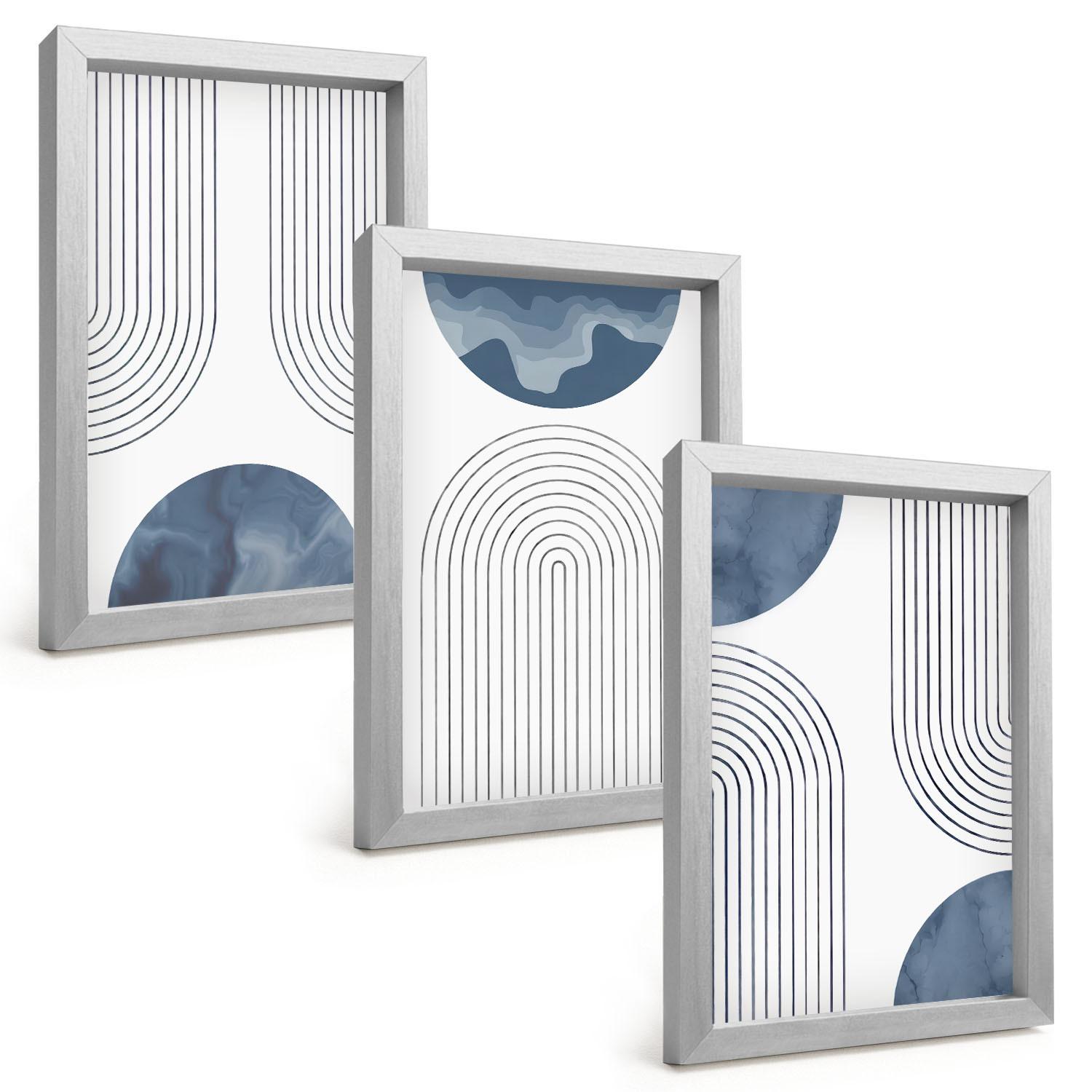 BILDER SET 3er Set - 20x30 cm Silberner Rahmen - Abstrakte blaue Muster - Silberfarben, Kunststoff (20/30cm) - TULUP