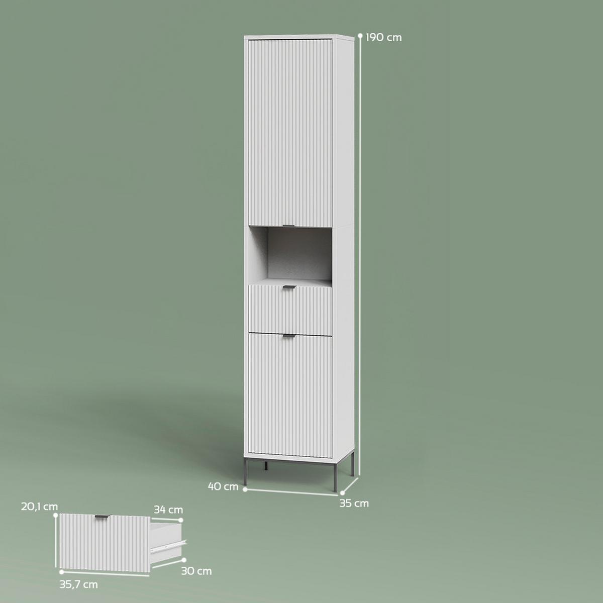 BADSCHRANK ATERNO Weiß 40 x 190 cm mit Türen, und Schublade - Weiß, Holzwerkstoff (40/190/35cm) - Livinity®