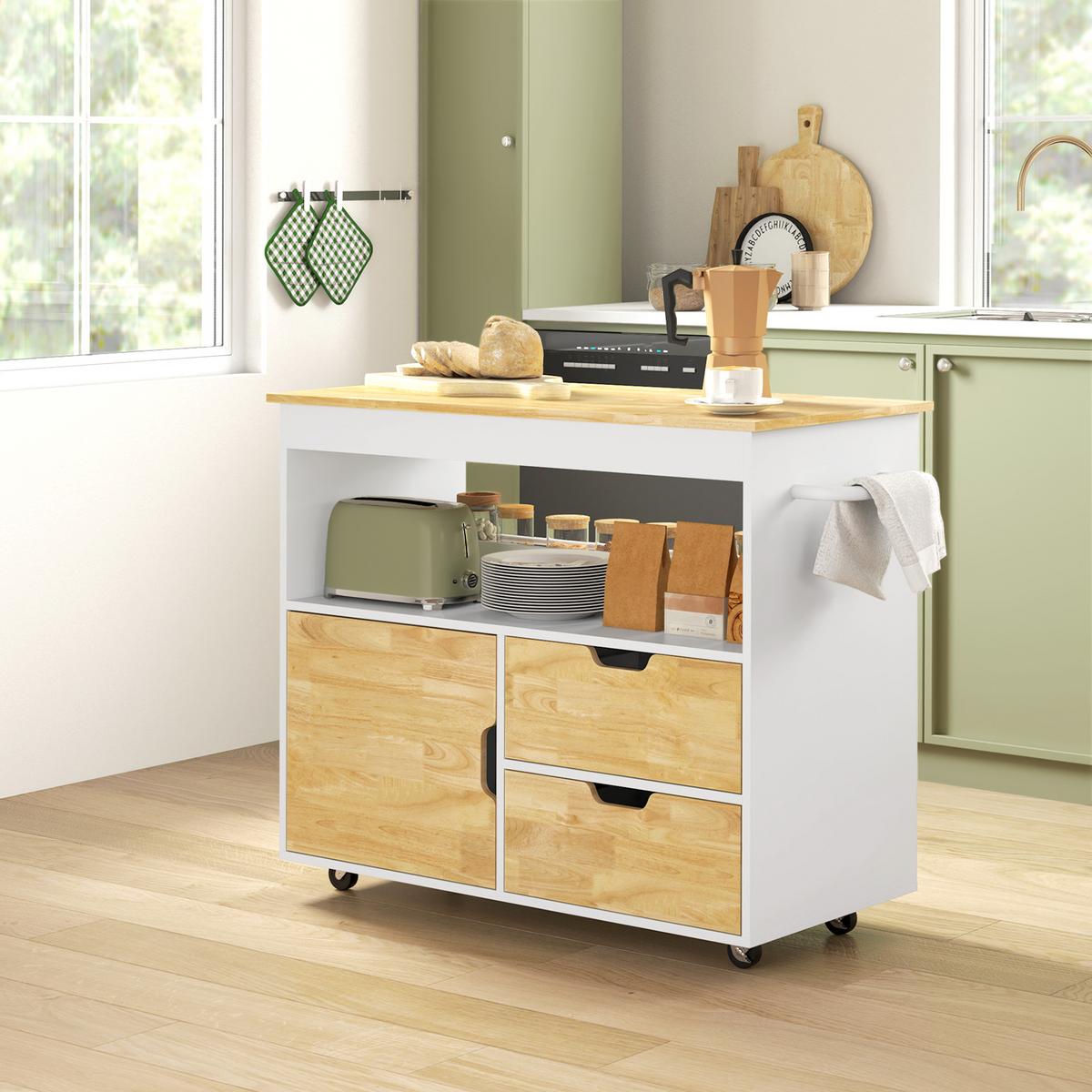 KÜCHENWAGEN Servierwagen mit Arbeitsplatte, Schubladen, Küchenschrank, Eiche - Eichefarben, Holz (50/85/107cm) - HOMCOM