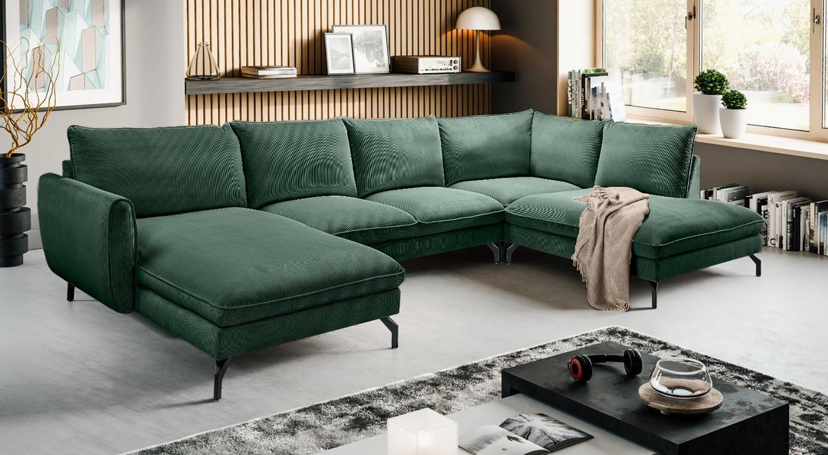 SOFA grün Cord-Stoff 202 x 361 cm, Wohnlandschaft U-Form - Dunkelgrün/Schwarz, Holz/Textil (361/87/202cm) - Inn.Furn