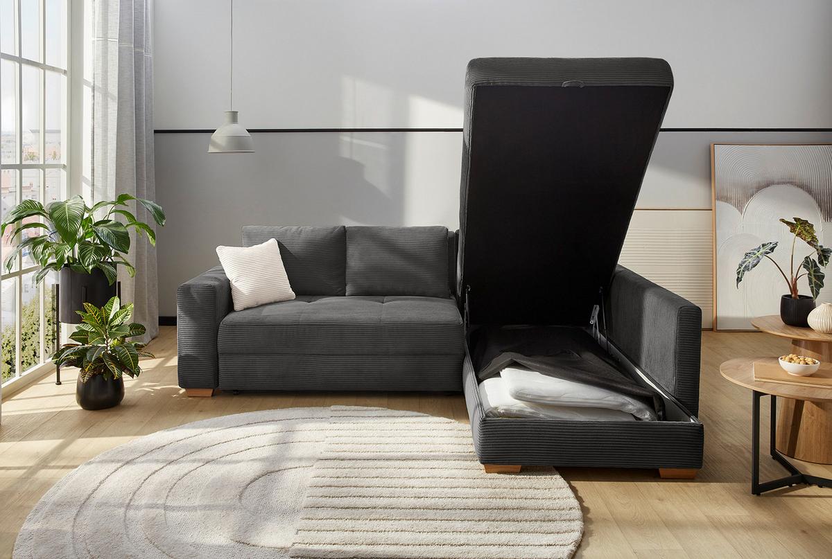 ECKSOFA-DAUERSCHLÄFER Boxspring Federkern Topper Bettkasten, seitenverkehrt montierbar B257/T206/H85 cm, Cord Dunkelgrau / 15211 - Dunkelgrau/Eichefarben, Holz/Textil (257/206cm) - luma-home