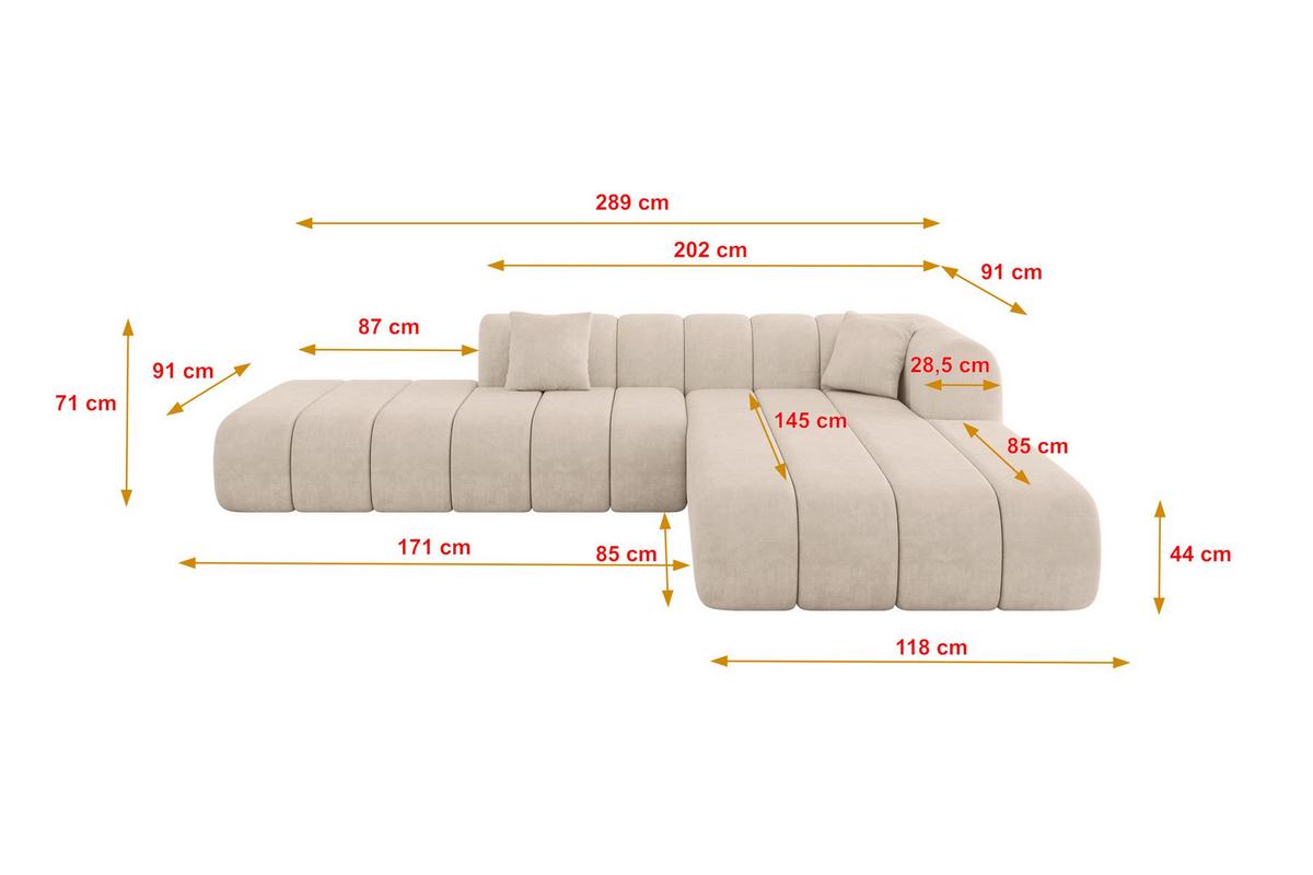 ECKSOFA Ottomane Rechts BILA-L 289x176x71 Beige Samt - Beige/Schwarz, Holzwerkstoff/Kunststoff (289/176cm) - ALTDECOR