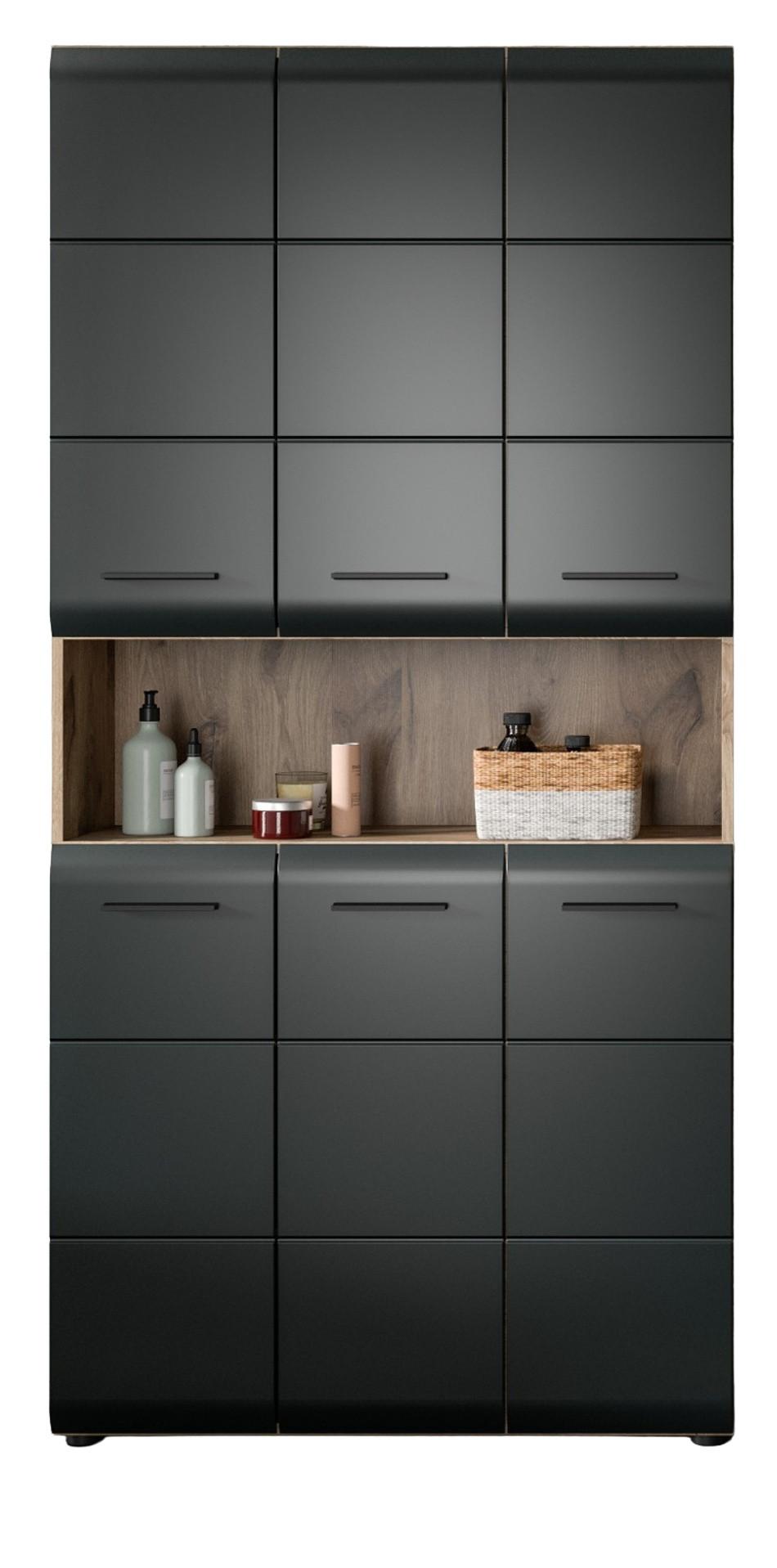 HOCHSCHRANK schwarz matt, Eiche, Badschrank Mehrzweckschrank 6-türig 90 x 185 cm - Eichefarben/Schwarz, Holzwerkstoff/Kunststoff (90/185/30cm) - Inn.Furn