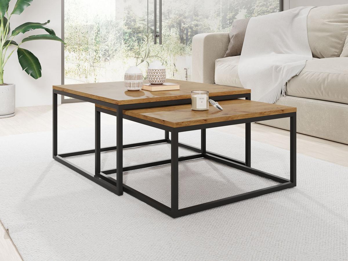 COUCHTISCHE Vella 2er-Set quadratisch, Lancelot Eiche 76/76/39cm + 66/66/34 cm - Eichefarben/Schwarz, Holzwerkstoff/Metall (76/76/39cm) - WFL GROUP