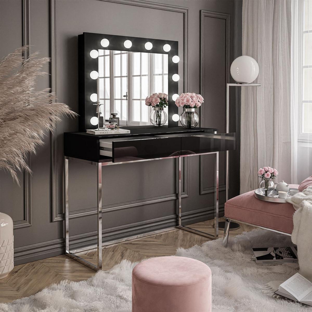 SCHMINKTISCH BLANCO GLAMOUR mit Spiegel und Beleuchtung Schwarz Hochglanz PUSH OPEN - Schwarz Hochglanz/Silberfarben, Holzwerkstoff (100/146/42cm) - Lookway