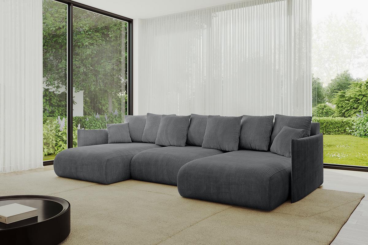 WOHNLANDSCHAFT mit Schlaffunktion und Bettkasten ONESK-U 317x177x72 Dunkelgrau Cord - Dunkelgrau, Holzwerkstoff/Kunststoff (317/72/177cm) - ALTDECOR