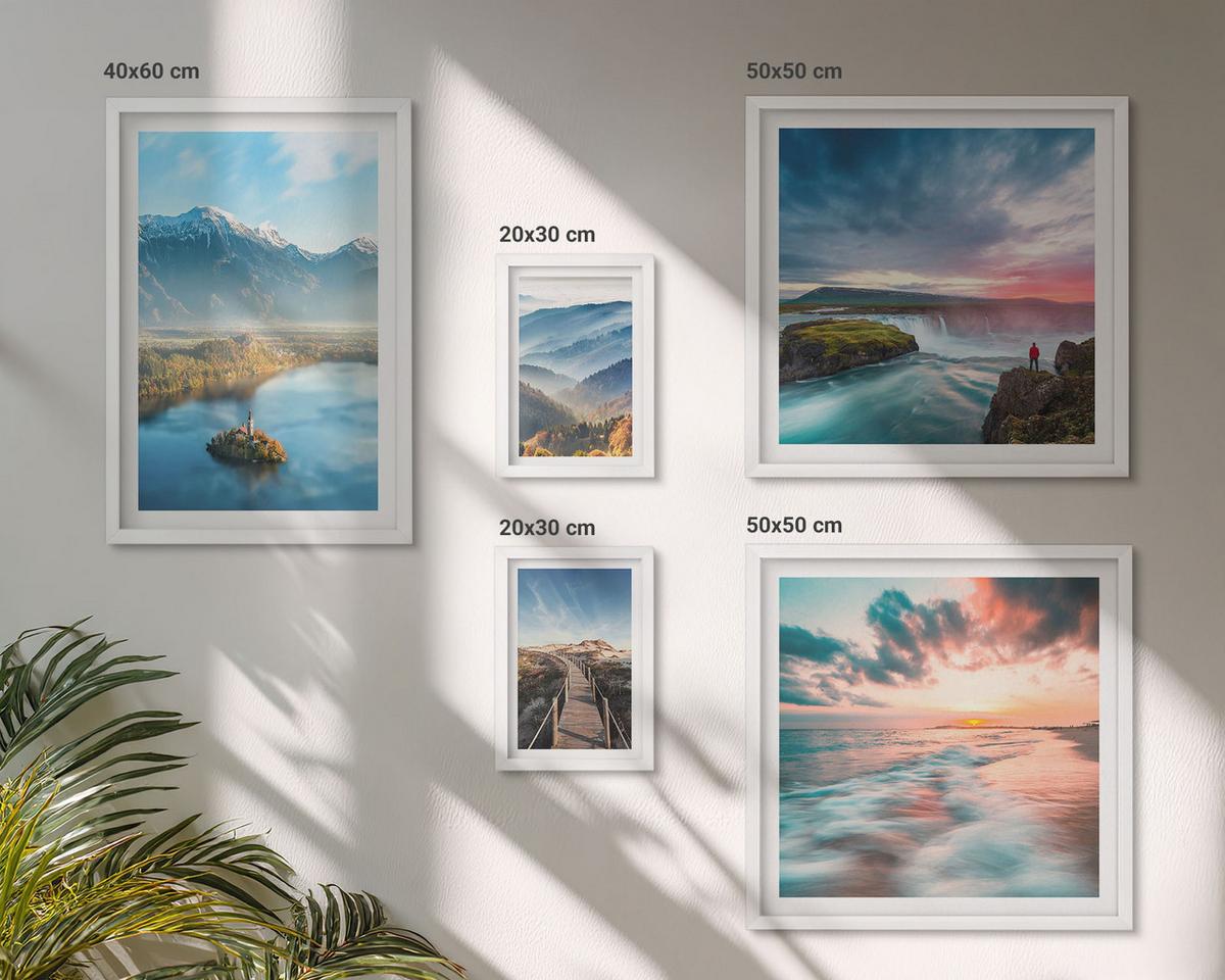BILDER SET 5er Set - 50x50 cm & 20x30 cm & 40x60 cm Weißer Rahmen - Berglandschaften, Wasserfälle - Weiß, Kunststoff (40/60cm) - TULUP