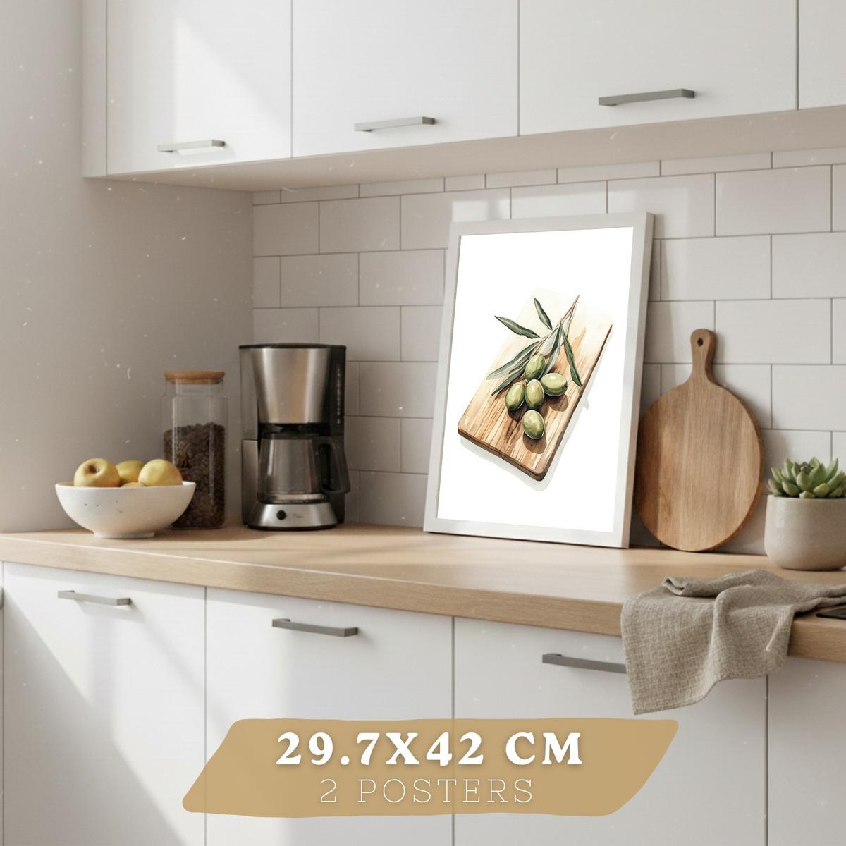 POSTER 2er Set Küchen-Wandbilder Knoblauch Kräuter und Oliven Mediterranes Aquarell Esszimmer Wanddeko Rahmenlos A3 - Weiß, Papier (29.7/1/42cm) - Nacnic