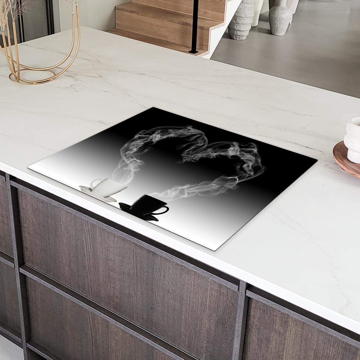 HERDABDECKPLATTE Kaffee - Herz - Schwarz und weiß - Tassen Induktionsmatte 77x59 cm - Weiß, Kunststoff (77/59/0.2cm) - MuchoWow