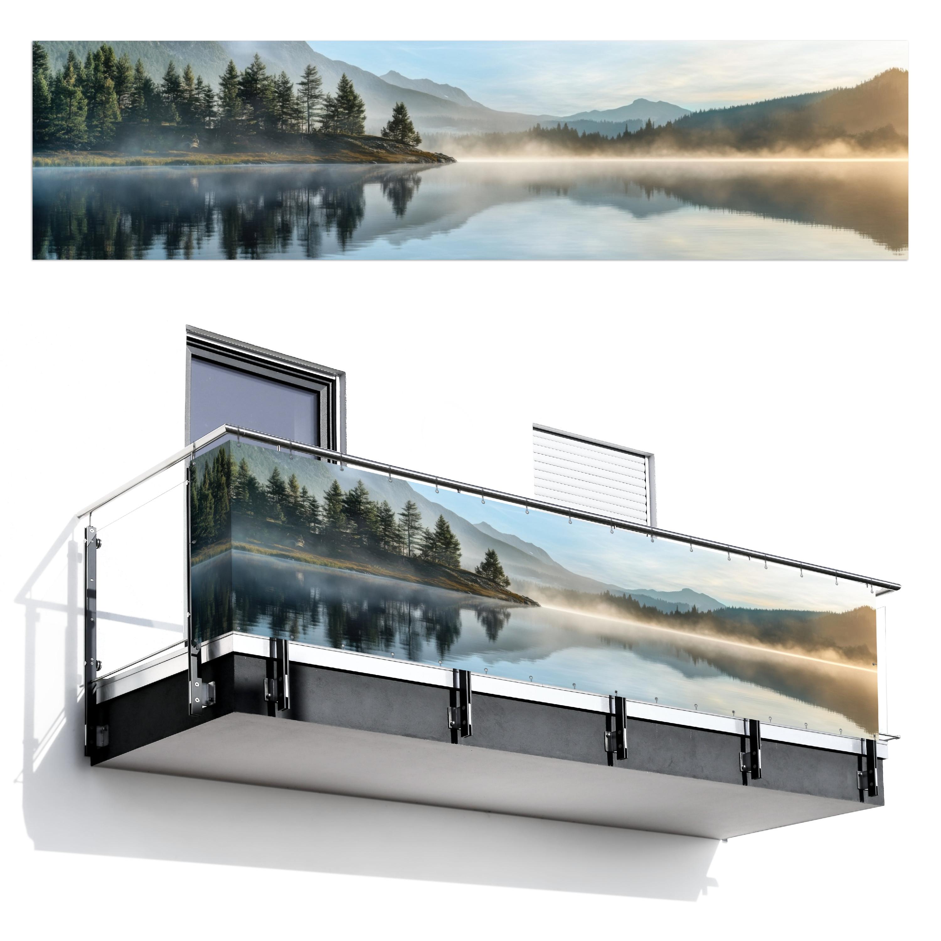 BALKON-SICHTSCHUTZ See - Nebel - Berge - Landschaft Deko XXL 500x130 cm - Hellblau, Kunststoff (500/130cm) - MuchoWow