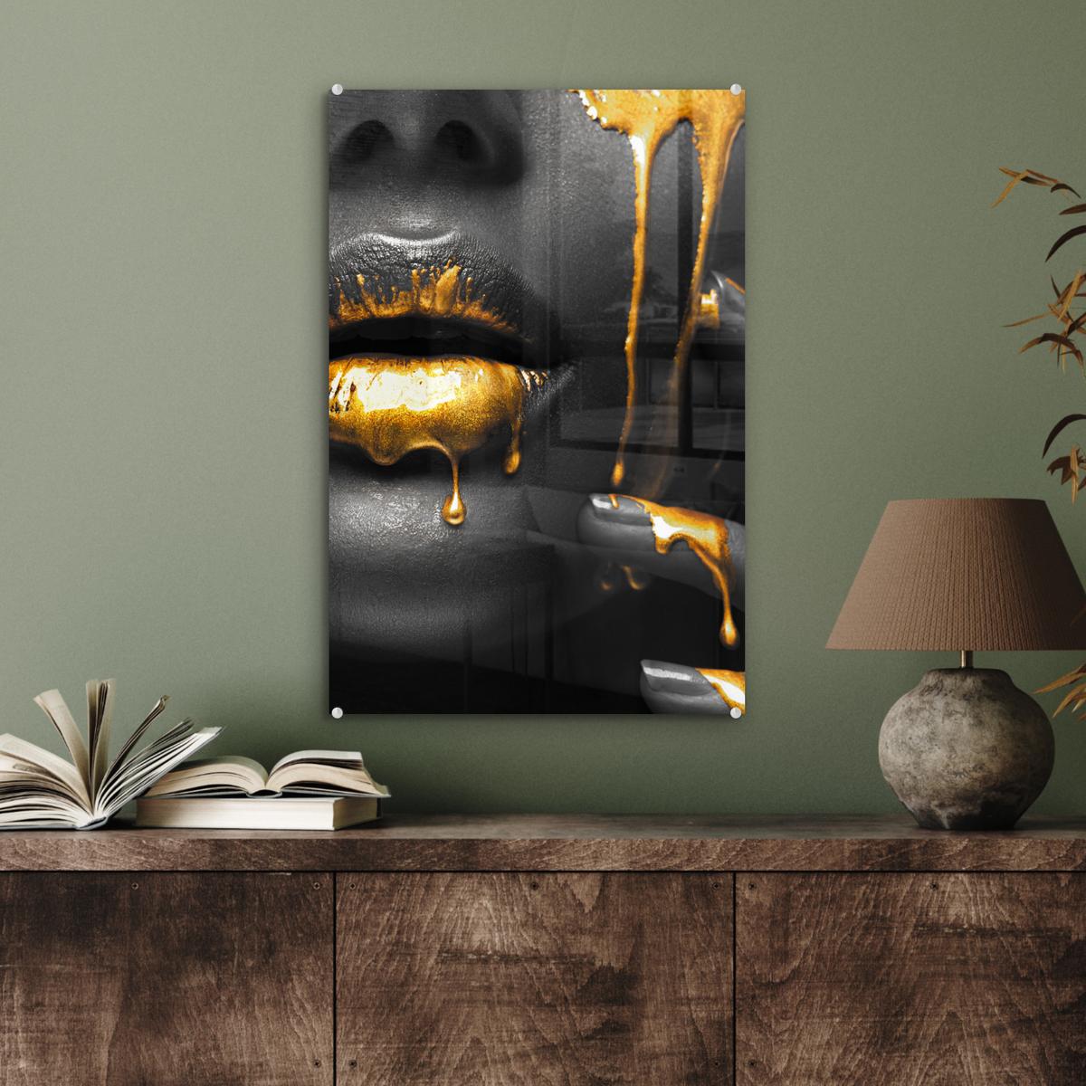 ACRYLGLASBILD Frau - Schwarz - Gold - Gesicht - Lippen Wanddeko Wohnzimmer 40x60 cm - Goldfarben, Glas (40/60cm) - MuchoWow