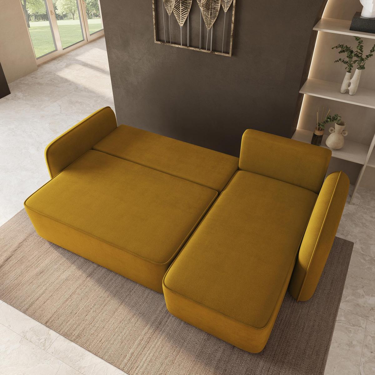 ECKSOFA DOLVER Gelb Plüsch-Stoff mit Schlaffunktion - Gelb, Holz (238/156cm) - MASSENO