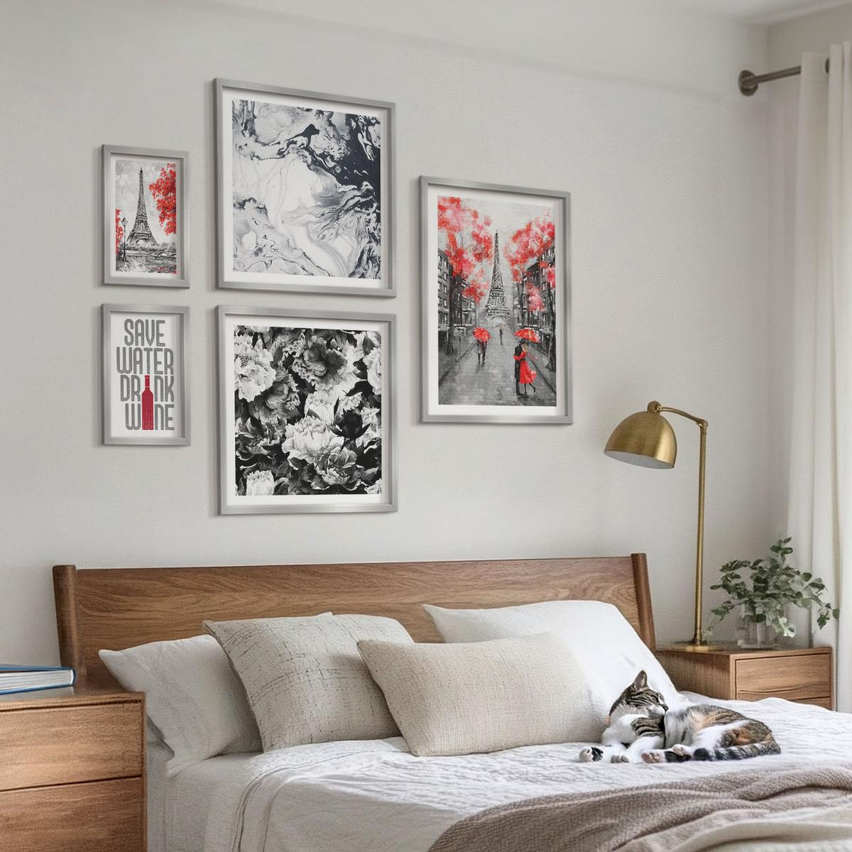 BILDER SET 5er Set - 50x50 cm & 20x30 cm & 40x60 cm Silberner Rahmen - graue Gemälde des Eiffelturms - Silberfarben, Kunststoff (40/60cm) - TULUP