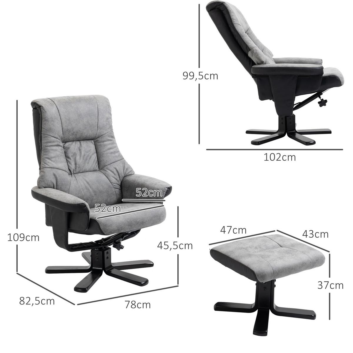 RELAXSESSEL mit Hocker, Fernsehsessel, Polstersessel TV Sessel mit Liegefunktion - Grau, Kunststoff (82.5/109/78cm) - HOMCOM