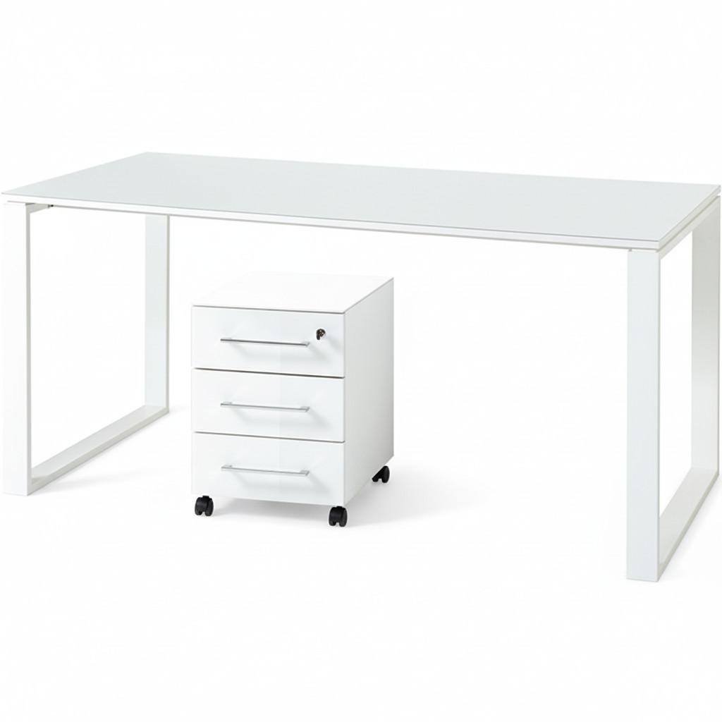 SCHREIBTISCH-SET MUENCHEN 160x80 cm Weiß | Glasplatte & Container - Weiß, Glas/Metall (80/160/75cm) - KADIMA DESIGN