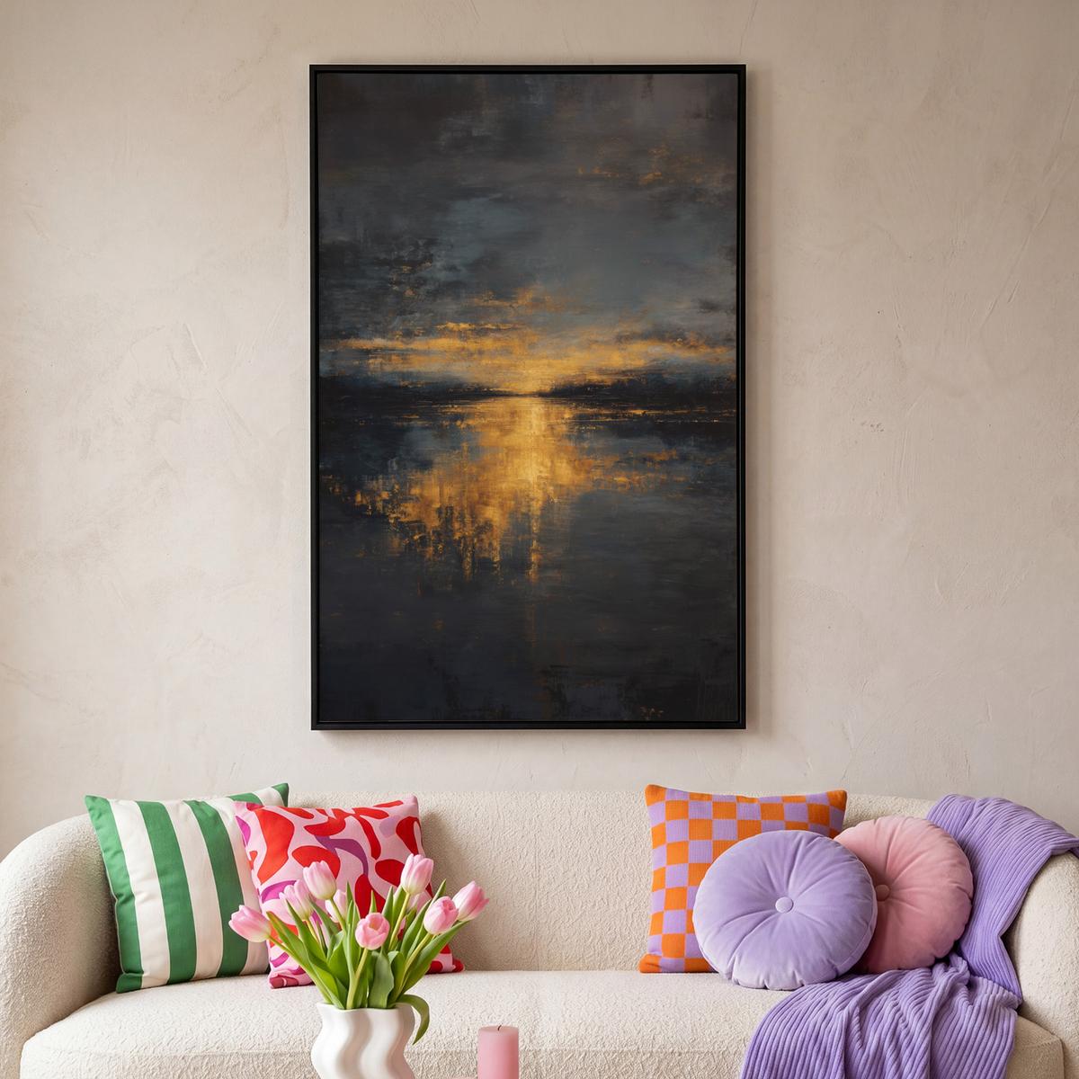 LEINWAND Bilder mit Rahmen - Goldene Reflexion auf dem Wasser - 90x140 - Anthrazit, Textil (90/140cm) - MuchoWow