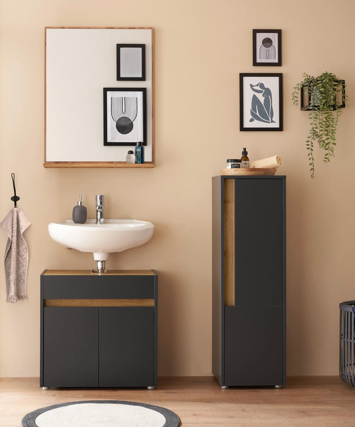 BAD-MIDISCHRANK grau matt, Wotan Eiche, Badmöbel Kommode 34 x 114 cm - Eiche Wotan/Schwarz, Holzwerkstoff/Kunststoff (34/114/34cm) - Furn.Design