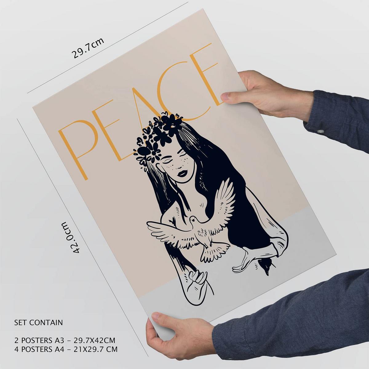 POSTER Set Mit 6 In Schwarzer Tinte Frieden Und Liebe Kunstdrucke Von Meer Und Ozean Für Innenarchitektur A3 & A4 Weißer Rahmen - Weiß, Papier (29/3cm) - Nacnic