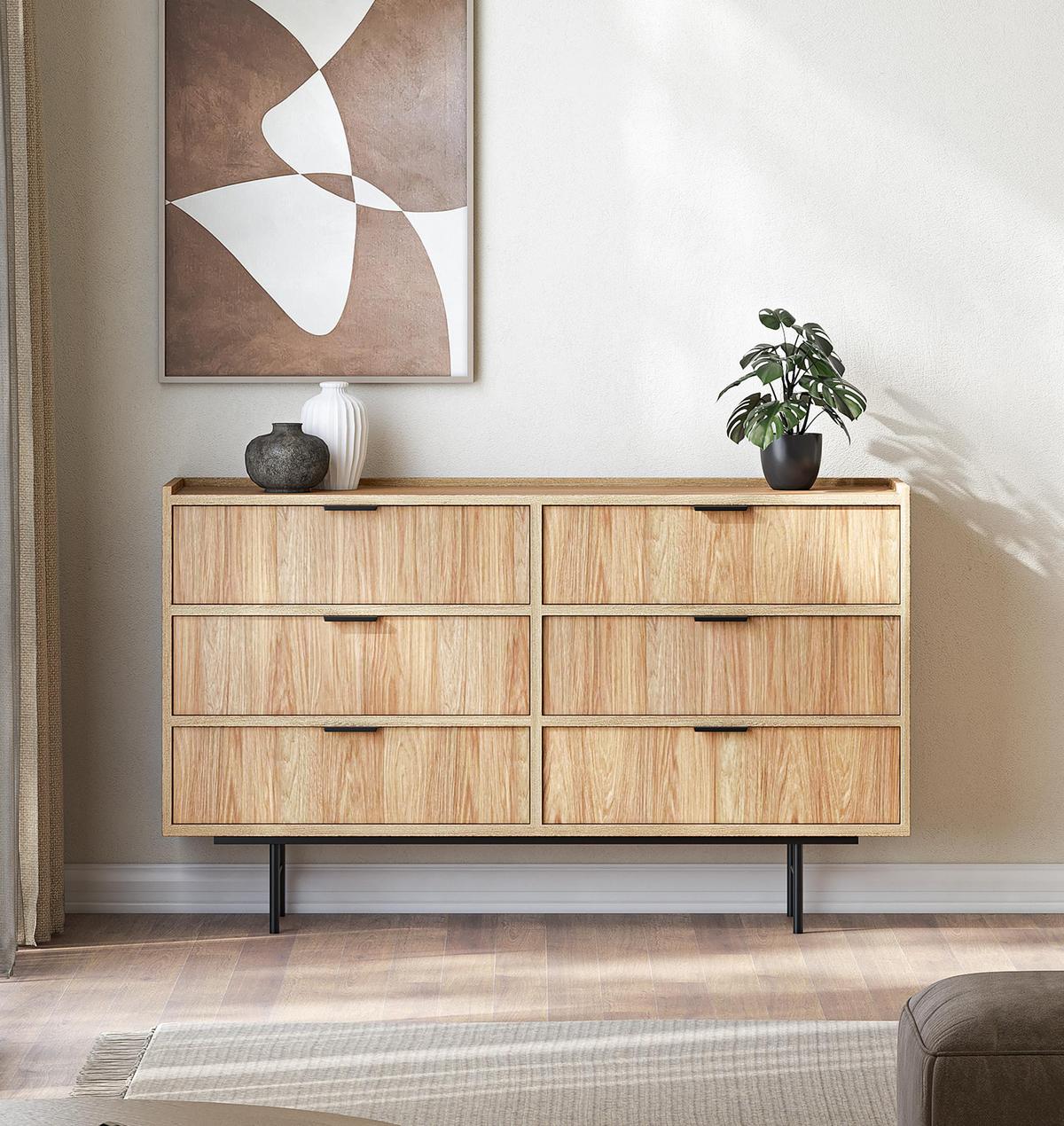 SIDEBOARD Nordiva 6S Hikora Natur 150/90/40 cm – Metallgestell - Schwarz/Naturfarben, Holzwerkstoff/Metall (150/90/40cm) - AX Living