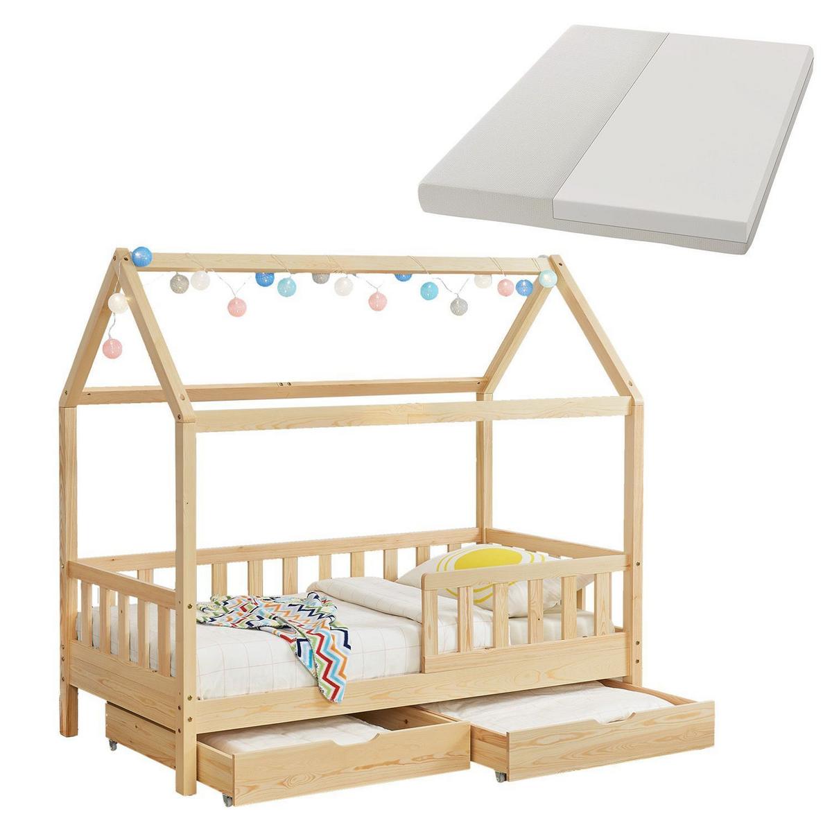 KINDERBETT Marli mit Matratze und Bettkasten natur 90x200 cm - Naturfarben, Holz (90/200cm) - Juskys
