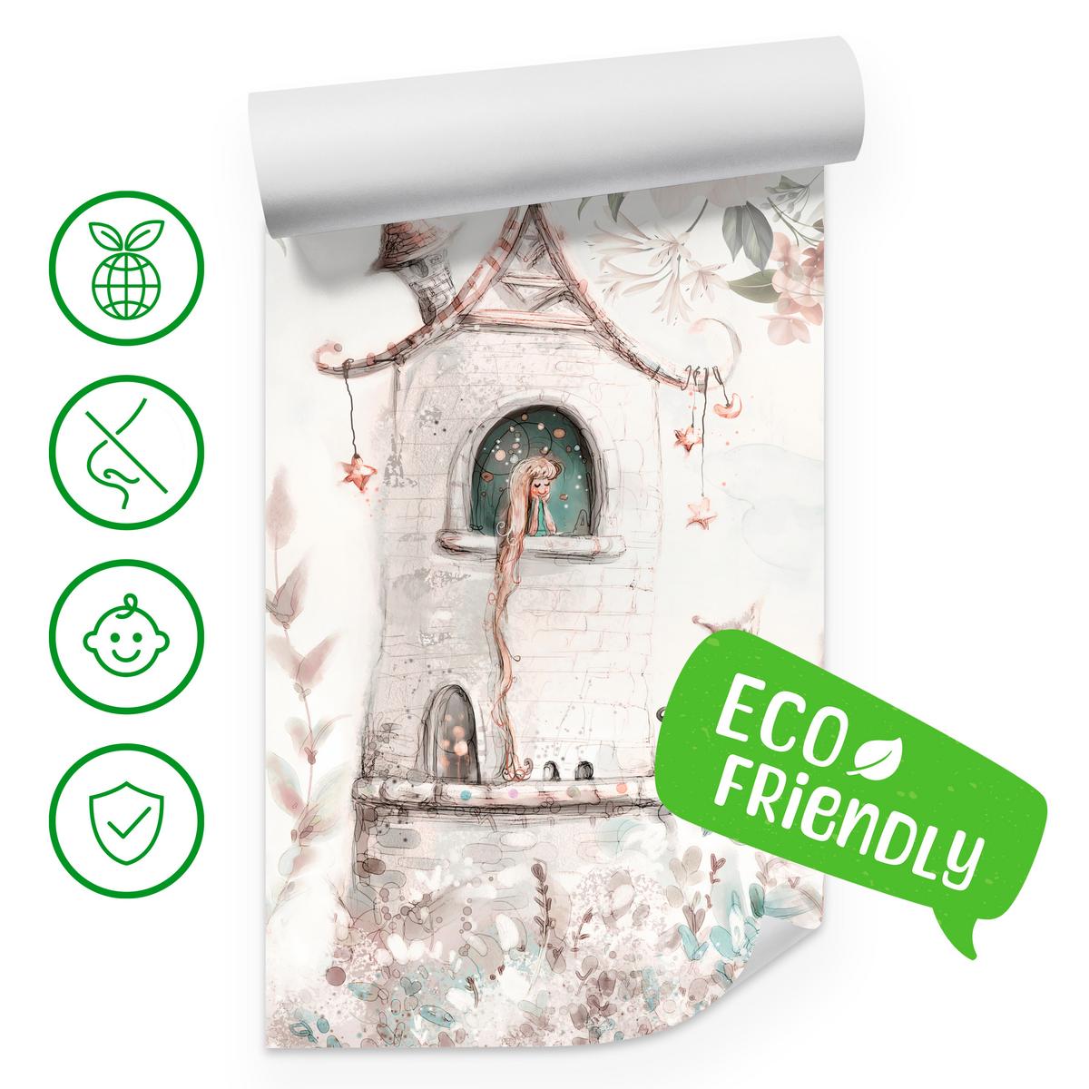 FOTOTAPETE für Kinderzimmer Prinzessin Turm Blumen Pflanzen 100x70 - Multicolor, Papier (100/70cm) - Muralo