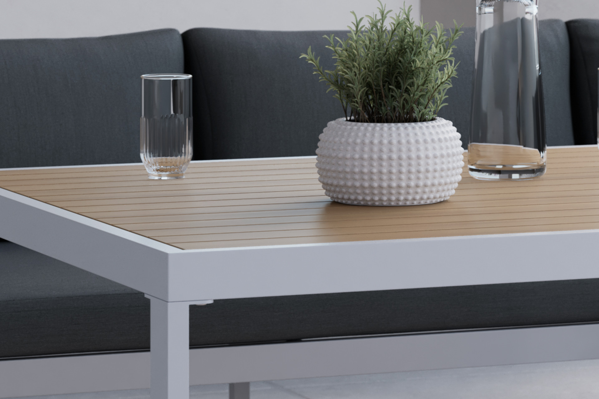 Dining-Loungeset Tisch Tischplatte Kunststoff matt Holzoptik Lamellenoptik Gestell Helllgrau Aluminium pulverbeschichtet 